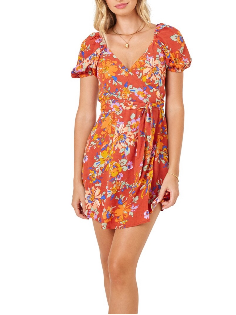 l*space Rust Orange Floral Wrap Mini Dress with Blue & Yellow Accents Size M NWT